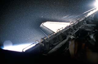 View of the water dump from a leaking fuel cell in payload bay. 